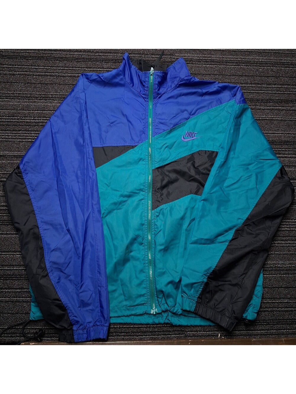 Vintage 90s Nike Windbreaker Jacket Mens Large Teal Blue Black Colorblock Nylon